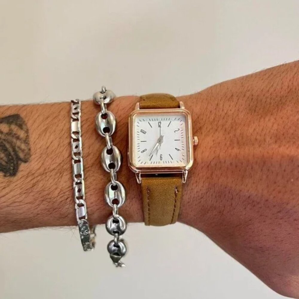 brown old money luxury square leather watch - Picture 3 of 8